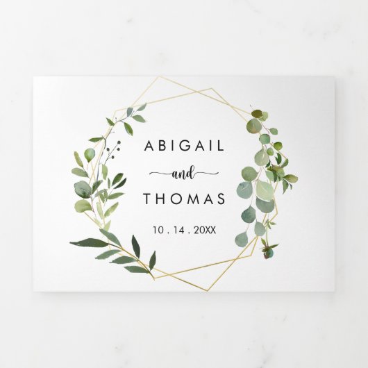 Geometric Gold Green Eucalyptus Weddenschap Drieluik Uitnodiging (Cover)