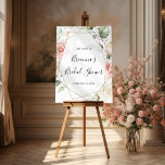 Geometric Gold Green Foliage Vrijgezellenfeest Wel Poster<br><div class="desc">Dit geometrische goudgroen vrijgezellenfeest welkom poster is perfect voor een moderne trouwdouche. Het ontwerp is voorzien van met de hand verfde botanische groen- en goudbladerbladeren met roze,  blozen,  witte bloemen,  die een elegant geometrisch lijst aanhangen.</div>