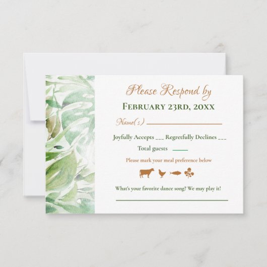 Geometric Gold Green Monstera Leaves Wedding RSVP (Voorkant)