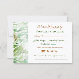 Geometric Gold Green Monstera Leaves Wedding RSVP