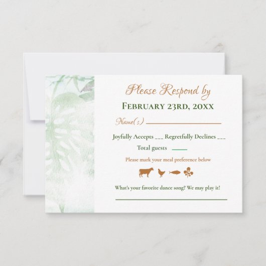 Geometric Gold Green Monstera Leaves Wedding RSVP (Voorkant)