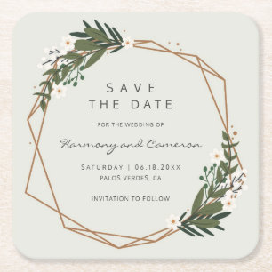 Geometric Gold Greenery Boho Wedding Save the Date Kartonnen Onderzetters