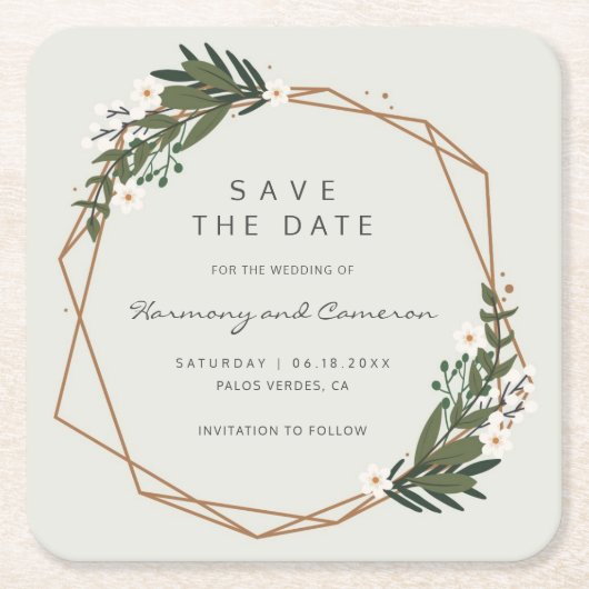 Geometric Gold Greenery Boho Wedding Save the Date Kartonnen Onderzetters (Voorkant)