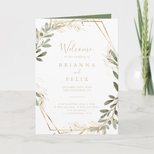 Geometric Gold Greenery Folded Wedding Program Programma (Voorkant)