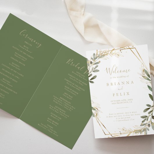 Geometric Gold Greenery Folded Wedding Program Programma