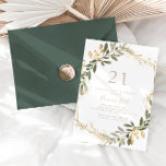 Geometric Gold Greenery Herfst 21st Birthday Party Kaart<br><div class="desc">Deze geometrische goudgroene herfst 21e verjaardagsfeestuitnodiging is perfect voor een modern evenement. Het ontwerp is voorzien van een prachtig goud geometrisch lijst met elegante groene bladeren.</div>