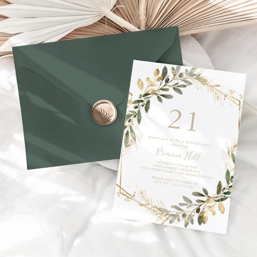 Geometric Gold Greenery Herfst 21st Birthday Party Kaart