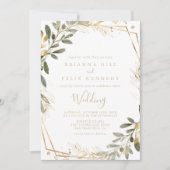 Geometric Gold Greenery Herfst Front & Back Weddin Kaart (Voorkant)