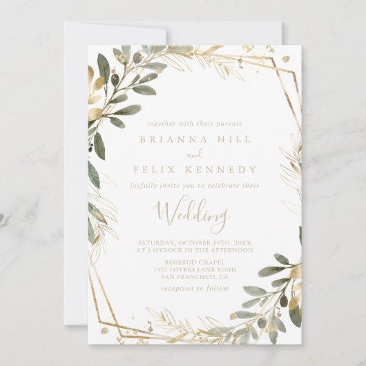 Geometric Gold Greenery Herfst Front & Back Weddin Kaart (Voorkant)
