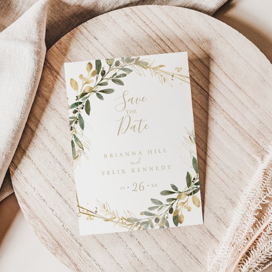 Geometric Gold Greenery Herfst Save the Date Briefkaart