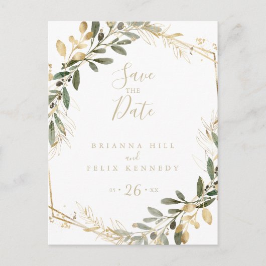 Geometric Gold Greenery Herfst Save the Date Briefkaart (Voorkant)