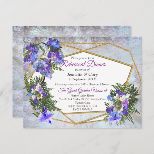 Geometric Gold & Jacaranda Flowers Theme Kaart (Voorkant / Achterkant)