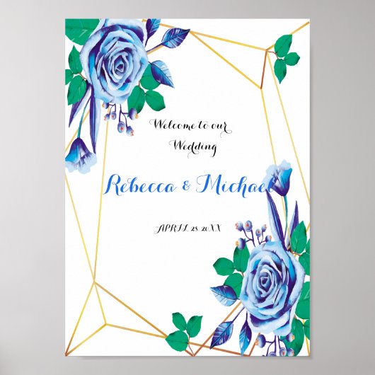 Geometric Gold Lijst blue floral Weduwschap Welkom Poster (Voorkant)