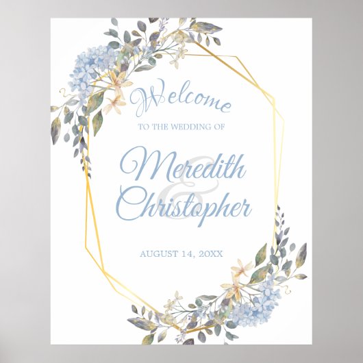 Geometric Gold Lijst Dusty Blue Florals Welkom Poster (Voorkant)