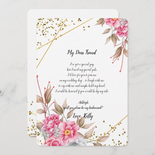 Geometric Gold Lijst Pink Fl wordt mijn bruidsmeis Kaart (Voorkant / Achterkant)