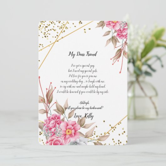 Geometric Gold Lijst Pink Fl wordt mijn bruidsmeis Kaart (Staand voorkant)