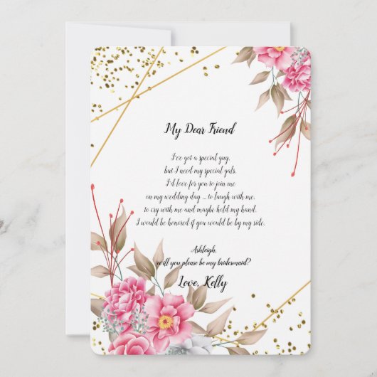 Geometric Gold Lijst Pink Fl wordt mijn bruidsmeis Kaart (Voorkant)
