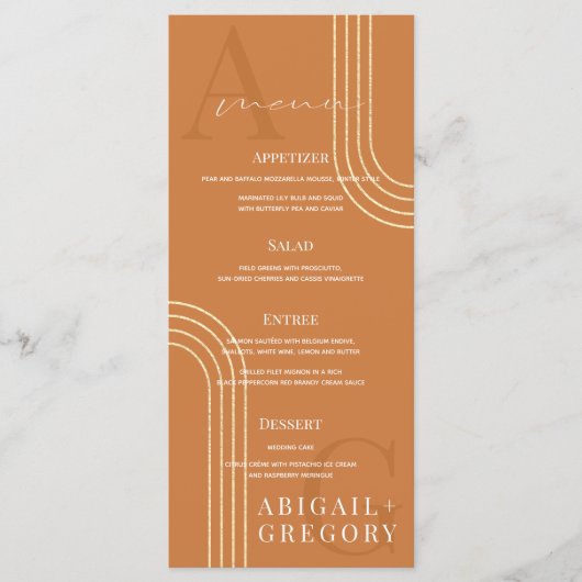 Geometric Gold Lines Monogram Oranje Weddenschap Menu (Voorkant)