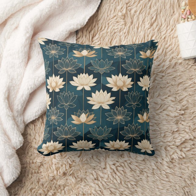 Geometric Gold Lotus on Teal Kussen (Deken)