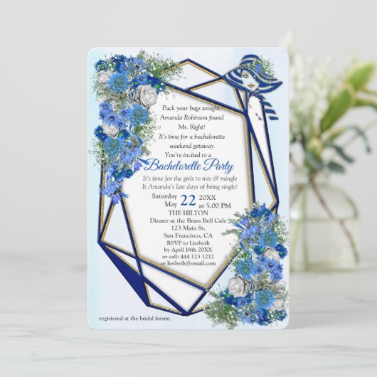 Geometric Gold-Navy - Blue Flowers Bachelorette Kaart (Staand voorkant)