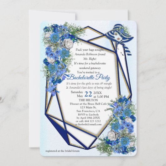Geometric Gold-Navy - Blue Flowers Bachelorette Kaart (Voorkant)