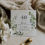 Geometric Gold Tropical Green 40th Birthday Party Kaart<br><div class="desc">Deze geometrische gouden tropische groene uitnodiging voor een 40e verjaardag is perfect voor een simpele verjaardagsfeestje. Het ontwerp is voorzien van met de hand geschilderde,  mooie groene bladeren,  die een gouden geometrische lijst bijbrengen.</div>