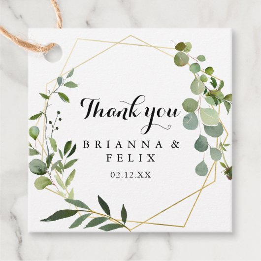 Geometric Gold Tropical Green Calligraphy Wedding Bedankjes Labels (Voorkant)
