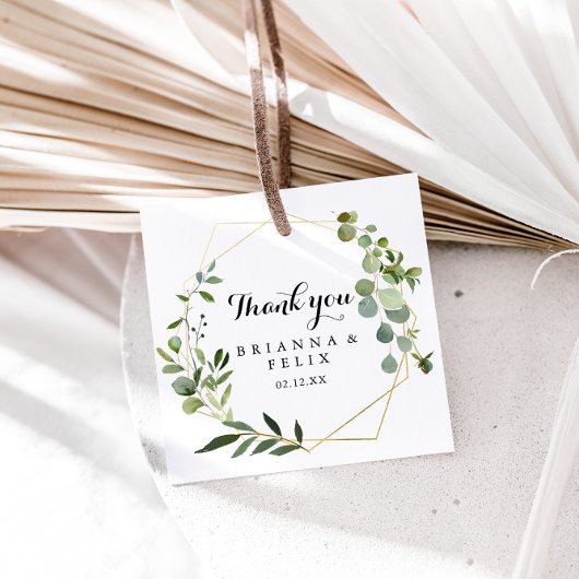 Geometric Gold Tropical Green Calligraphy Wedding Bedankjes Labels