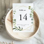 Geometric Gold Tropical Green Calligraphy Wedding Kaart<br><div class="desc">Dit geometrische gouden tropische groene kalligrafie trouwlijstnummer is perfect voor een moderne bruiloft. Het ontwerp is voorzien van met de hand geschilderde,  mooie groene bladeren,  die een gouden geometrische lijst bijbrengen. Dit is een dubbelzijdig tabelnummer. Voeg elk tabelnummer toe dat u aan uw karretje afzonderlijk nodig hebt.</div>