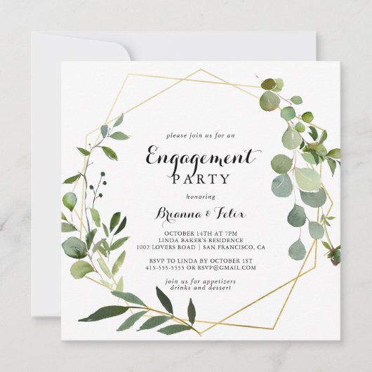 Geometric Gold Tropical Green Engagement Party Kaart (Voorkant)