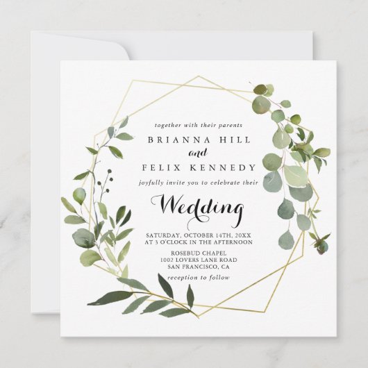 Geometric Gold Tropical Green Front & Back Wedding Kaart (Voorkant)