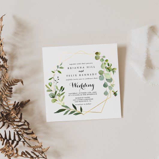 Geometric Gold Tropical Green Front & Back Wedding Kaart