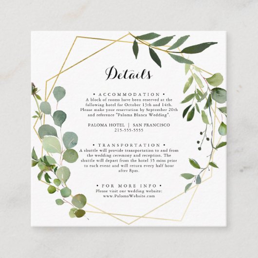 Geometric Gold Tropical Green Wedding Details Informatiekaartje (Voorkant)