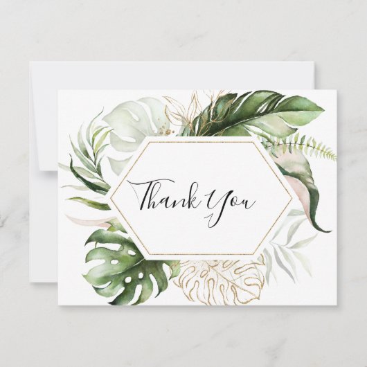 Geometric Gold Tropical Greenery Flat Wedding Bedankkaart (Voorkant)