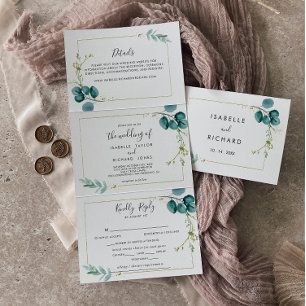 Geometric Gold Tropical Greenery Wedding Drieluik Uitnodiging