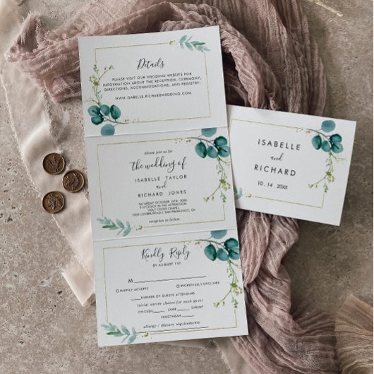 Geometric Gold Tropical Greenery Wedding Drieluik Uitnodiging