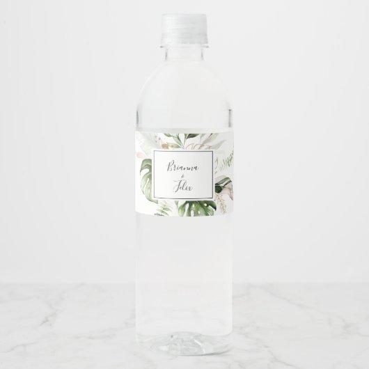 Geometric Gold Tropical Greenery Wedding Waterfles Etiket (Voorkant)