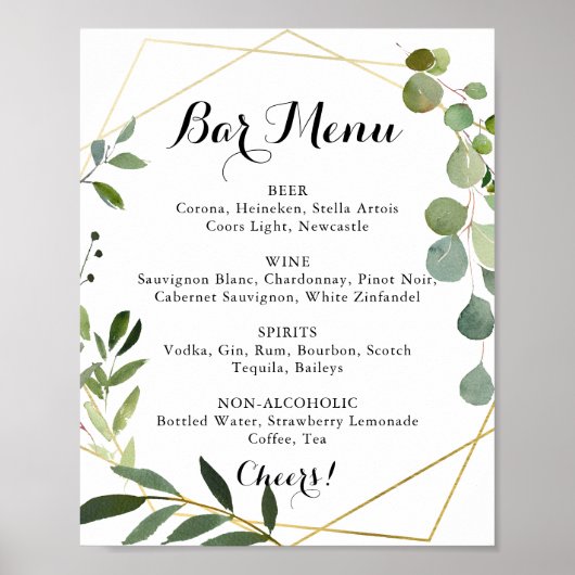 Geometric Gold Tropical Wedding Bar Menu Sign Poster (Voorkant)