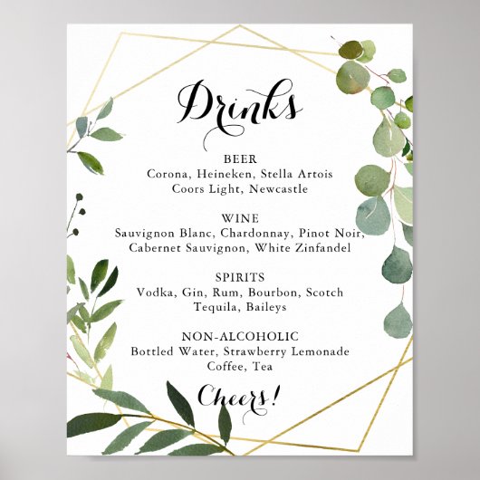 Geometric Gold Tropical Wedding Drinks Menu Sign Poster (Voorkant)