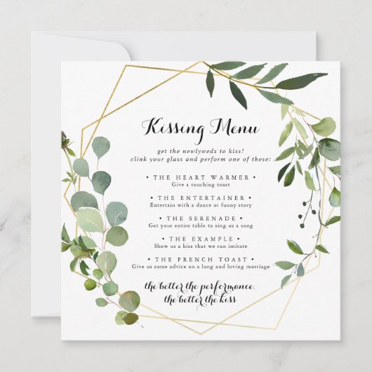 Geometric Gold Wedding Kissing Menu Game Kaart (Voorkant)