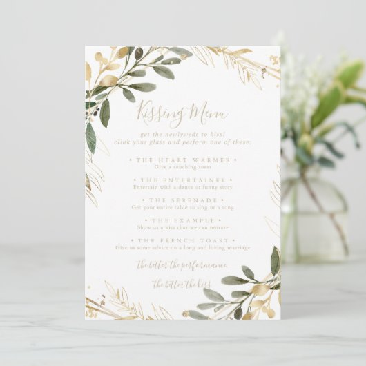 Geometric Gold Wedding Kissing Menu Game Kaart (Staand voorkant)