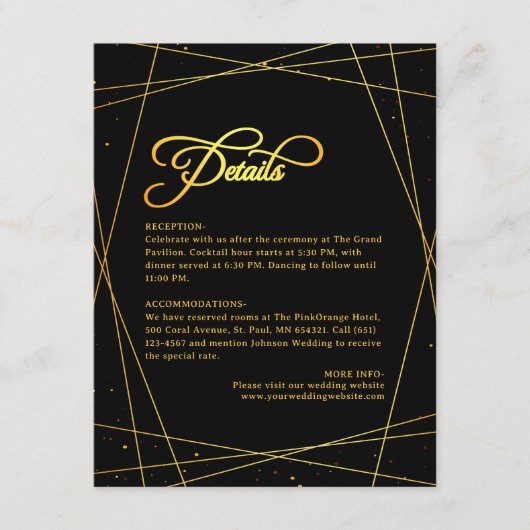 Geometric Golden Luxury Black Tie Wedding Details Informatiekaartje (Voorkant)