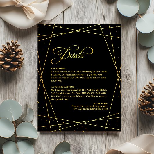 Geometric Golden Luxury Black Tie Wedding Details Informatiekaartje