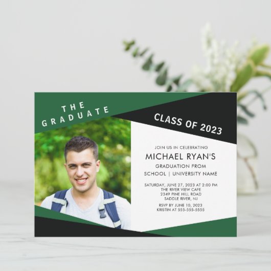 Geometric Green Black Photo Afstuderen Invitation Kaart (Staand voorkant)