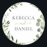 Geometric Greenery Personalized Wedding Ronde Sticker<br><div class="desc">Deze aanpasbare sticker is ontworpen om te coördineren met ons gemengde collectie van de Greenery-bruiloft en is voorzien van een gouden geometrische lijst die wordt aangereikt door een waterverf groen foliage met gouden en grijze tekst. Om geavanceerde veranderingen aan te brengen, ga naar "klik om verder"optie aan te passen onder...</div>