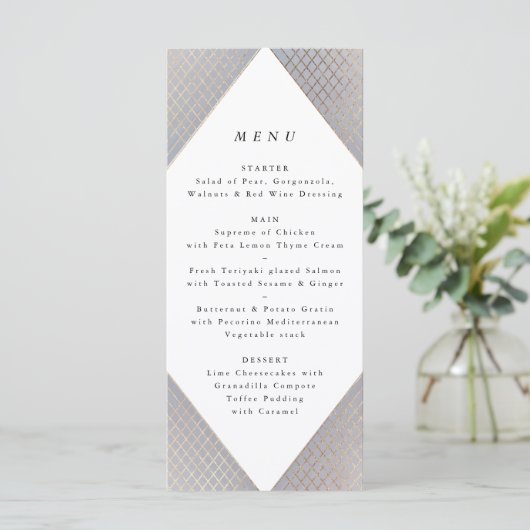 Geometric Grey Gold Gatsby Tall Wedding Menu (Staand voorkant)
