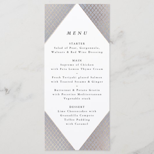 Geometric Grey Gold Gatsby Tall Wedding Menu (Voorkant)