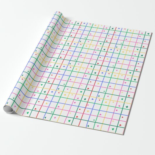 Geometric Grid Pattern with Scattered Hearts Cadeaupapier (Uitgerold)