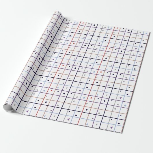 Geometric Grid Pattern with Scattered Hearts Cadeaupapier (Uitgerold)