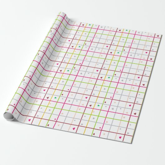 Geometric Grid Pattern with Scattered Hearts Cadeaupapier (Uitgerold)